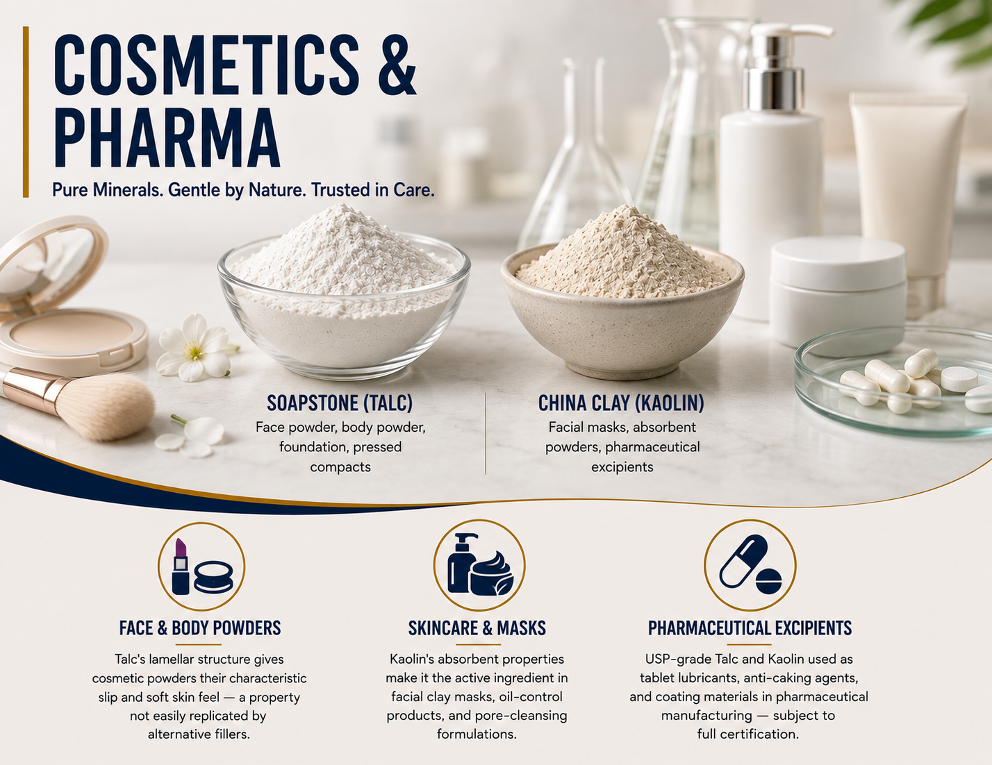 Cosmetics pharma talc kaolin soapstone